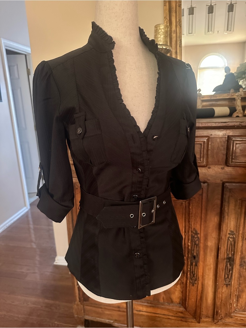 bebe Black Ruffled Belted Button-Down blouse  Top Small 4-6